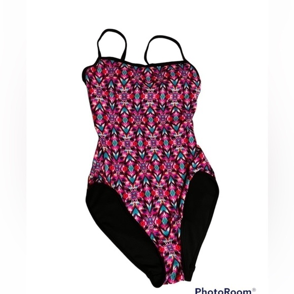 TYR Durafast One Piece Swimsuit in Pink Blue Aztec Size Medium Womens Padded Bra - Picture 1 of 5